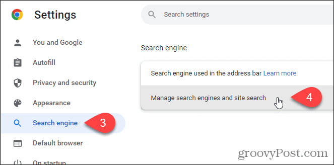 Cliquez sur Gérer les moteurs de recherche et la recherche de site sur l'écran du moteur de recherche dans Chrome