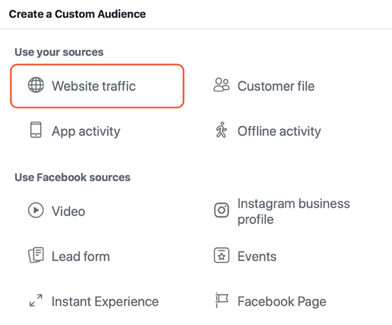 Comment créer des publicités Facebook, exemple de paramètre d'audience du trafic de site Web pour les publicités