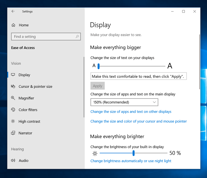 Augmentez les paramètres d'affichage de Windows 10