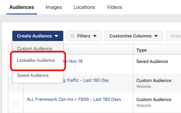Possibilité de créer une audience similaire à Facebook sous Créer une audience dans Facebook Ads Manager.