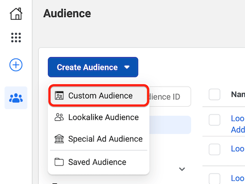 Le gestionnaire d'annonces Facebook crée une audience avec l'option de menu Audiences personnalisées en surbrillance