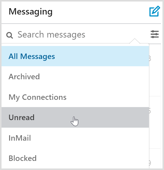Les filtres de boîte de réception de messagerie LinkedIn incluent un filtre de messages non lus.