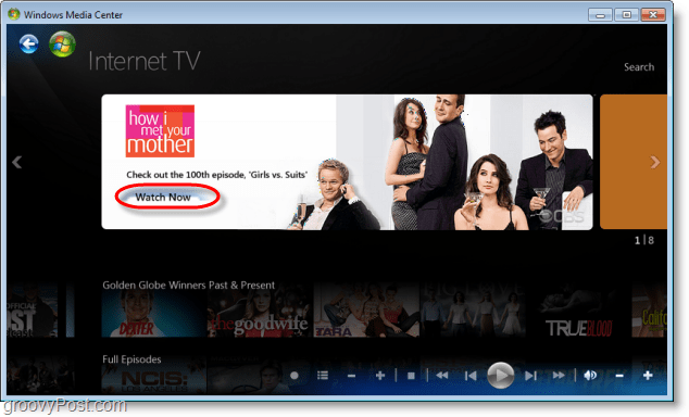 Windows 7 Media Center - cliquez sur regarder maintenant pour afficher les émissions ou les parcourir 