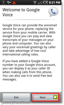 Écran d'accueil de Google Voice sur Android Mobile