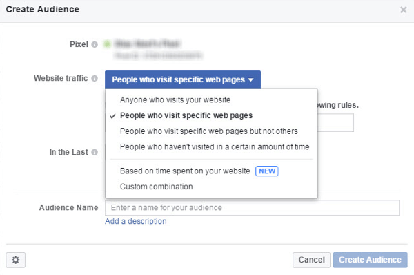 Dans le menu Trafic du site Web, choisissez les personnes que vous souhaitez inclure dans votre audience personnalisée Facebook.