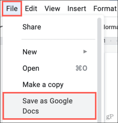 Cliquez sur Fichier, Enregistrer en tant que Google Docs
