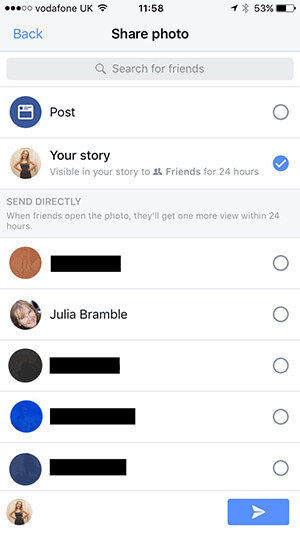 Choisir où publier le contenu de votre histoire Facebook.