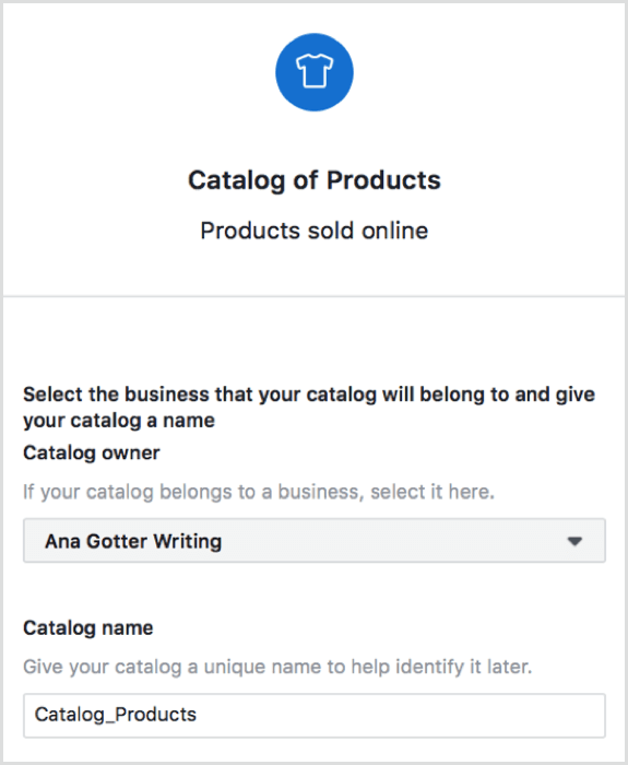 Sélectionnez la page à laquelle appartient votre catalogue et nommez le catalogue dans Shopify.