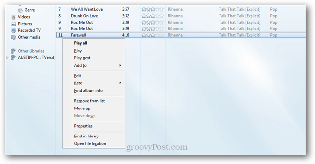 menu contextuel du lecteur Windows Media Player