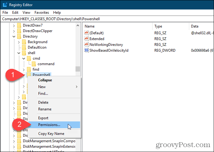 Sélectionnez Autorisations pour la clé Powershell dans l'éditeur de registre Windows