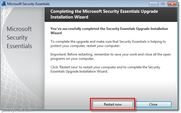 redémarrez l'ordinateur pour terminer l'installation de Microsoft Security Essentials 2.0 beta