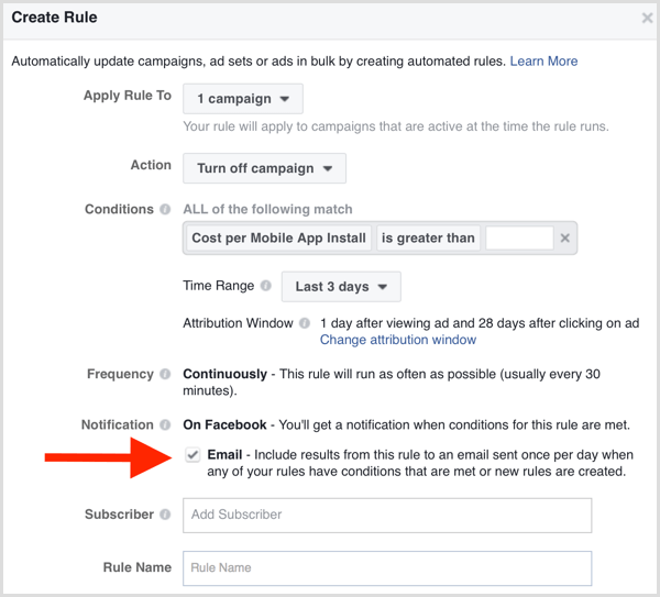 Notification par e-mail de règle automatique de Facebook Ads Manager