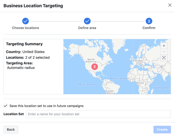 Confirmez le ciblage géographique défini pour votre annonce Facebook.