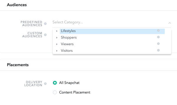 Snapchat vous permet de choisir des publics parmi quatre catégories prédéfinies.