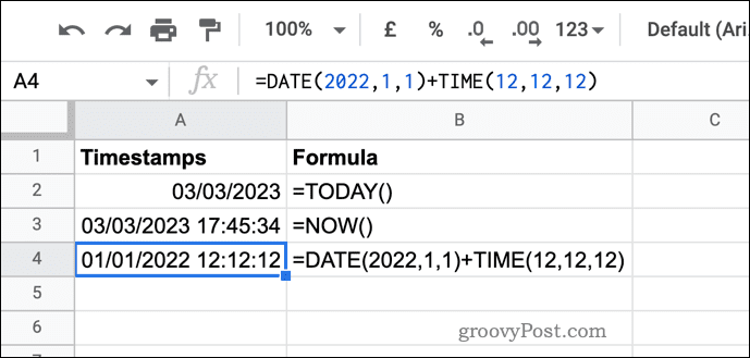 Exemples d'horodatages dans Google Sheets