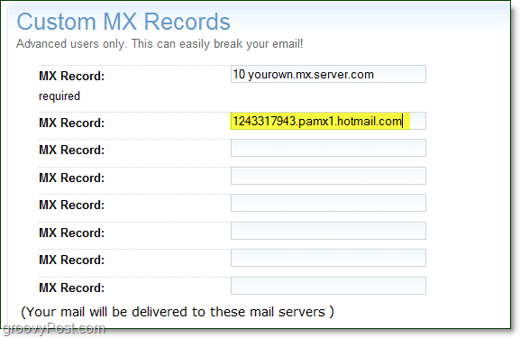 après vos informations de serveur mx de services en direct sur votre page d'options avancées de domaine pour les enregistrements mx personnalisés
