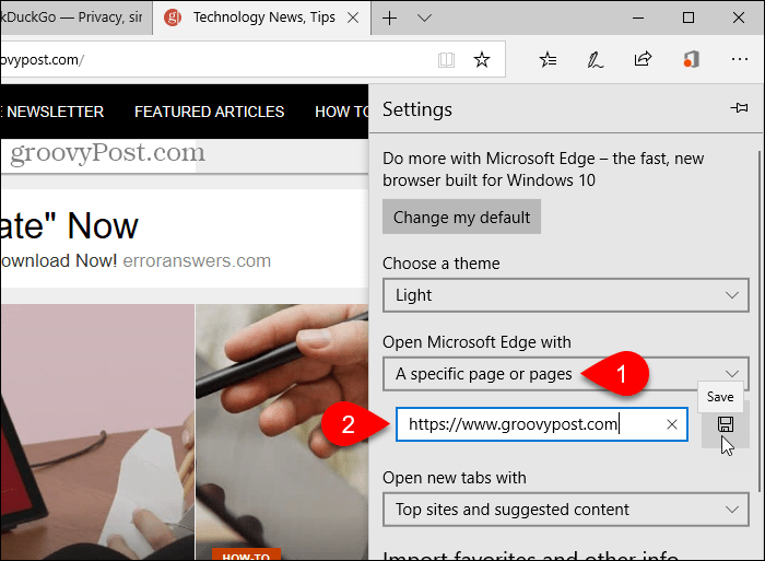 Enregistrer une URL pour Open Microsoft Edge avec option