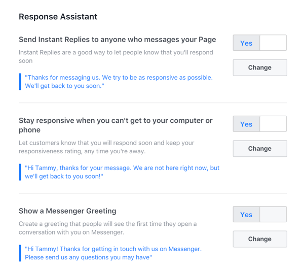 Configurez toutes les réponses quto que vous souhaitez utiliser pour votre page d'entreprise Facebook.