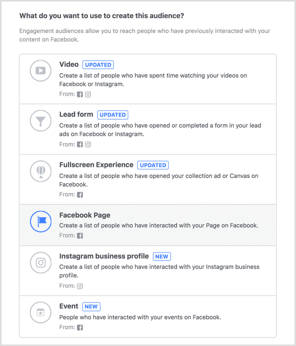 Sélectionnez l'option Page Facebook pour créer une audience personnalisée d'engagement