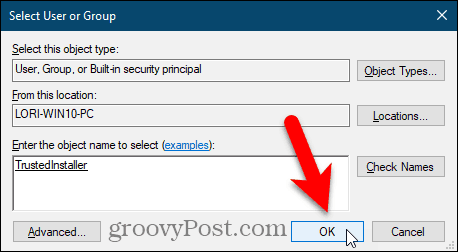 Fermez la boîte de dialogue Sélectionner un utilisateur ou un groupe dans l'éditeur de registre Windows