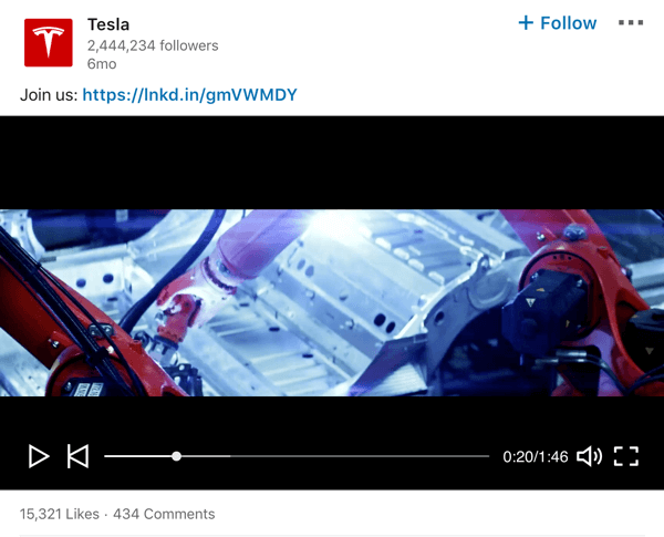 Exemple de publication vidéo de la page d'entreprise Tesla LinkedIn.