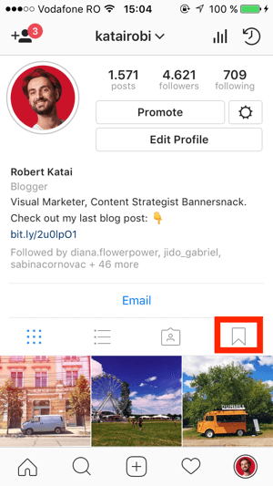 Pour créer une collection, accédez à votre profil Instagram et appuyez sur l'icône Signet.