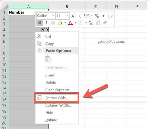 Option de cellule de format Excel