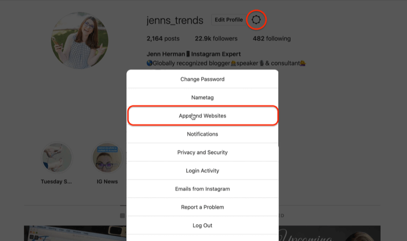 icône d'engrenage de profil instagram modifier les options du menu des paramètres mettant en évidence l'option des applications et sites Web