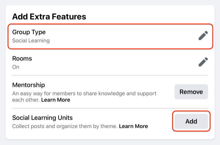 exemple de paramètres d'unité de groupe facebook mettant en évidence l'option de type de groupe