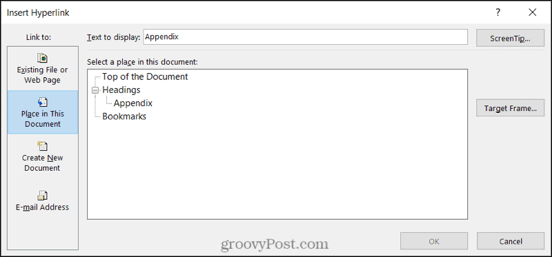 Lien vers un emplacement de document dans Word sous Windows