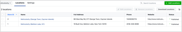 Dans l'onglet Emplacements du tableau de bord Adresses de votre entreprise, vous pouvez afficher toutes vos pages d'emplacement.