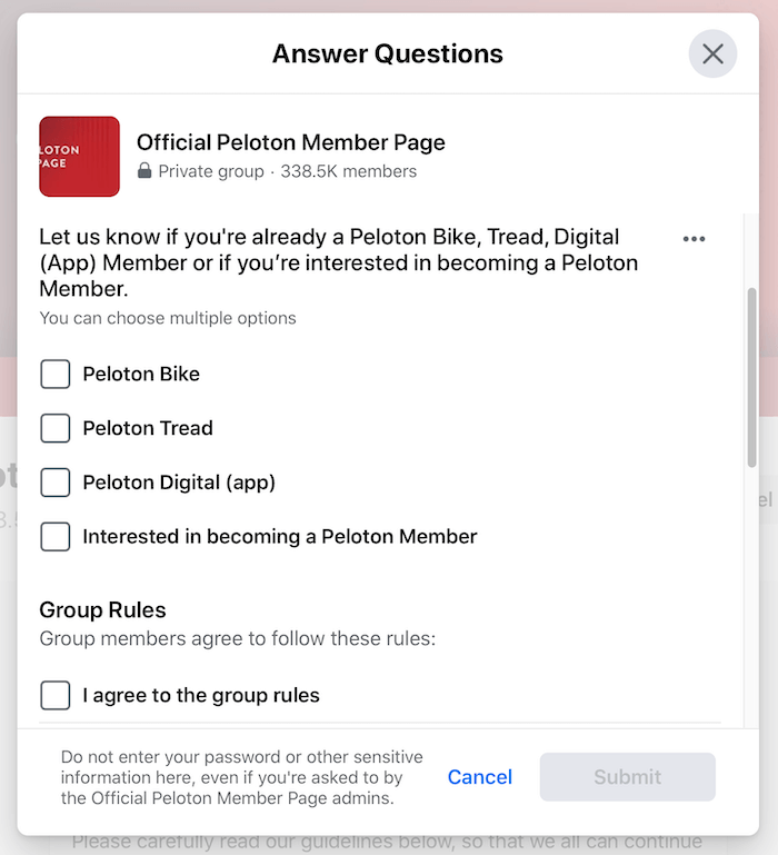 exemple de questions de sélection de groupe facebook pour le groupe de pages officiel des membres du peloton