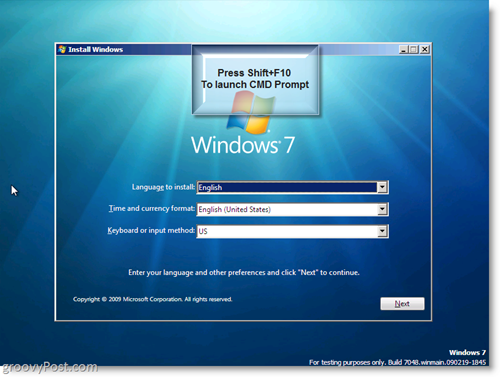 Installation de Windows 7 - Lancer l'invite CMD à l'aide de Shift + F10