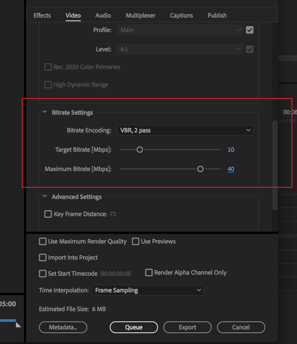 Paramètre pour modifier le débit binaire de votre exportation vidéo Adobe Premier Pro.