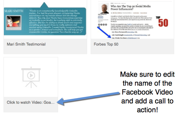 Lorsque vous ajoutez des liens vidéo Facebook à votre profil, modifiez le titre pour inclure un appel à l'action pour regarder la vidéo.