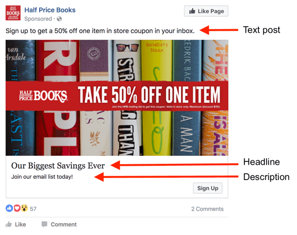 Il y a trois zones pour le texte dans une publicité Facebook.