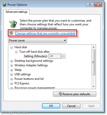 cliquez sur les paramètres de modification qui ne sont actuellement pas disponibles, puis vous pourrez voir tous les paramètres grisés dans la fenêtre des options avancées du plan d'alimentation dans Windows 7