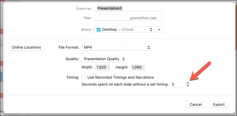Utilisation de minutages manuels pour une vidéo exportée dans PowerPoint sur Mac