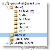 Nouvelle liste de comptes iMAP GMAIL dans la barre d'outils de navigation Outlook