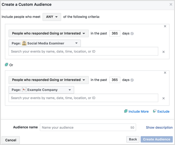 Facebook Ads Manager crée une audience personnalisée basée sur l'engagement de l'événement
