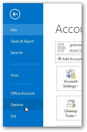 bouton d'options dans Outlook 2013