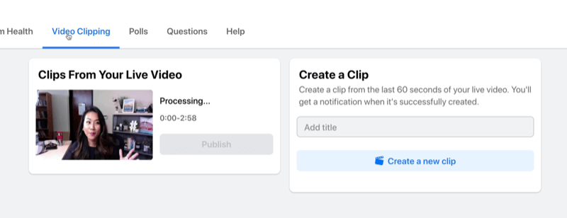 option pour créer un clip à partir de votre flux en direct facebook sous l'onglet de coupure vidéo