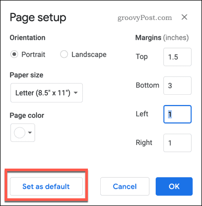La mise en page définie comme bouton par défaut dans Google Documents