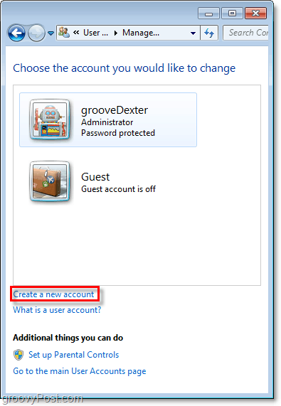 à partir de la page de présentation des comptes Windows 7, utilisez le lien pour créer un nouveau compte