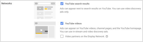 Paramètres des réseaux pour la campagne Google AdWords.