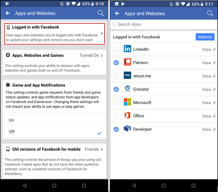 Supprimer les applications Facebook Mobile