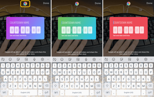 Comment utiliser l'autocollant Instagram Countdown pour les entreprises, étape 5 options de couleur de l'autocollant compte à rebours.