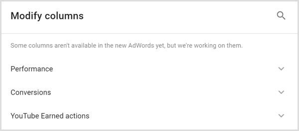 Écran de modification des colonnes Google AdWords Analytics