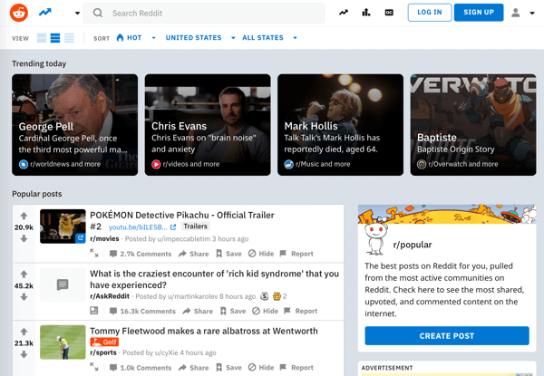 Comment commercialiser votre entreprise sur Reddit, exemple de page d'accueil Reddit et de flux de contenu tendance