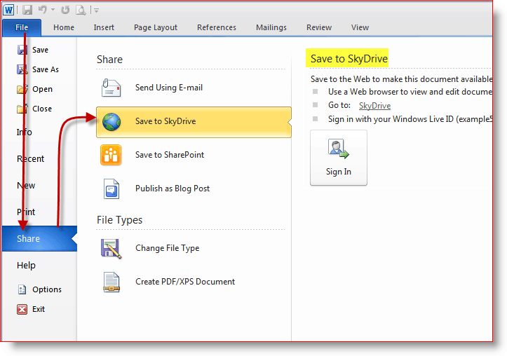 Enregistrer des documents sur le stockage en ligne SkyDrive